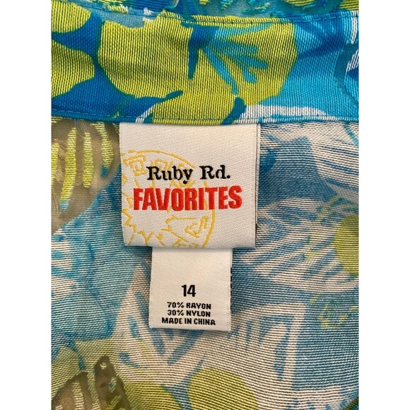 Ruby Rd. Button Down Blouse Sz 14 Turquoise Blue Lime Green Tropical Top Sheer - Picture 7 of 11